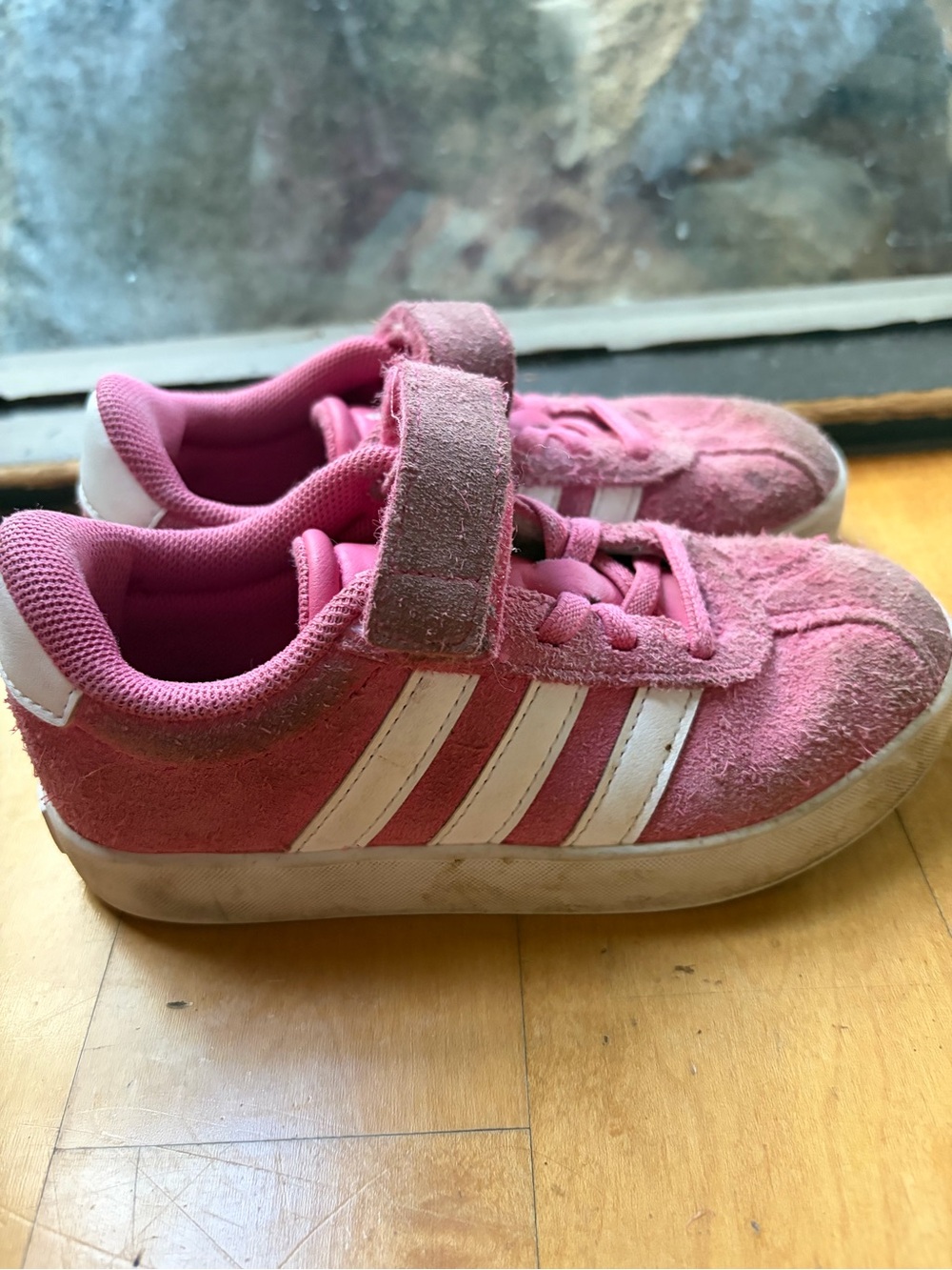 Kids Pink Suede Adidas Shoes with White Stripes